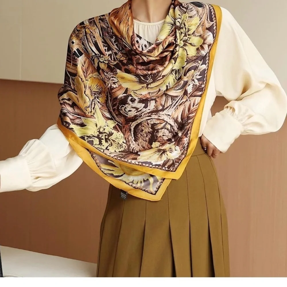 Elegant Floral tiger Silk feeling satin Scarf - Yellow and Brown